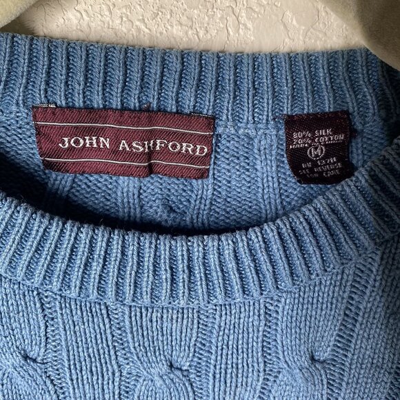 John Ashford Cable Knit Sweater Medium Blue Silk & Cotton Blend Preppy - Picture 2 of 10